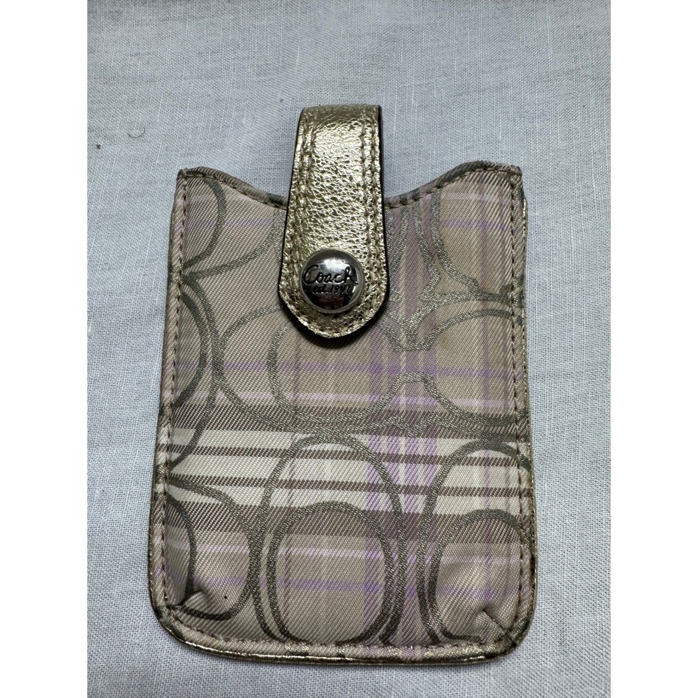 Coach Card‎ Holder Case Wallet Beige Purple Signature Plaid Snap